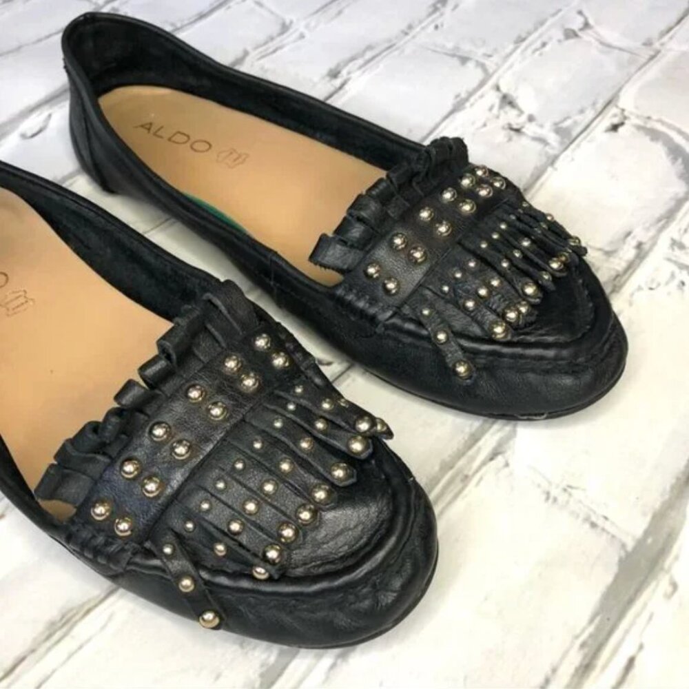 Aldo Black Leather Studded Tassel Loafers Flats Size 9